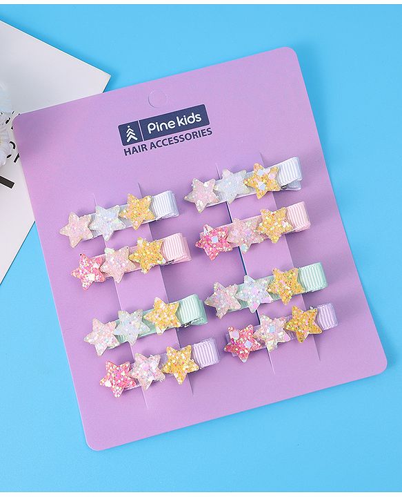 Pine Kids Hair Pins And Clips With Stars Applique Pack of 8 - Multicolor