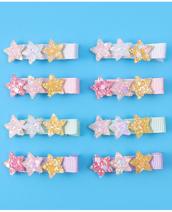 Pine Kids Hair Pins And Clips With Stars Applique Pack of 8 - Multicolor