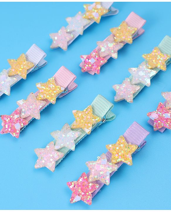 Pine Kids Hair Pins And Clips With Stars Applique Pack of 8 - Multicolor