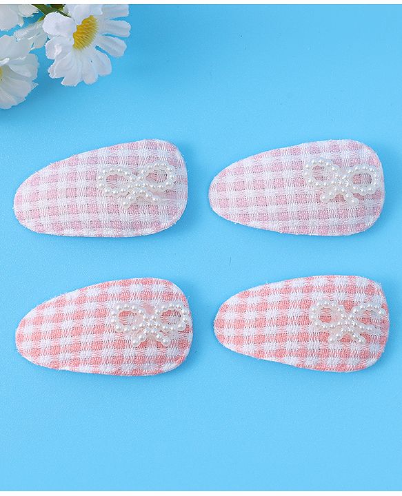 Babyhug Free Size Snap Clips With Checkered Patten and Bow Applique - PInk & White