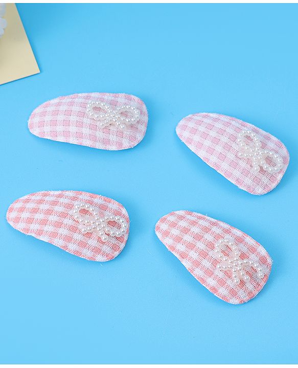 Babyhug Free Size Snap Clips With Checkered Patten and Bow Applique - PInk & White