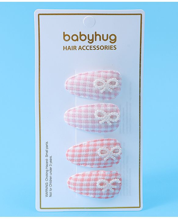 Babyhug Free Size Snap Clips With Checkered Patten and Bow Applique - PInk & White