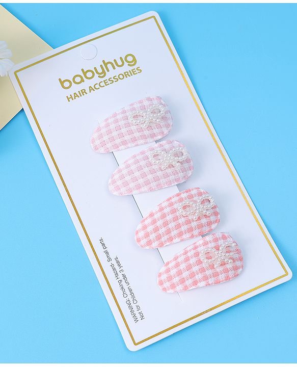 Babyhug Free Size Snap Clips With Checkered Patten and Bow Applique - PInk & White