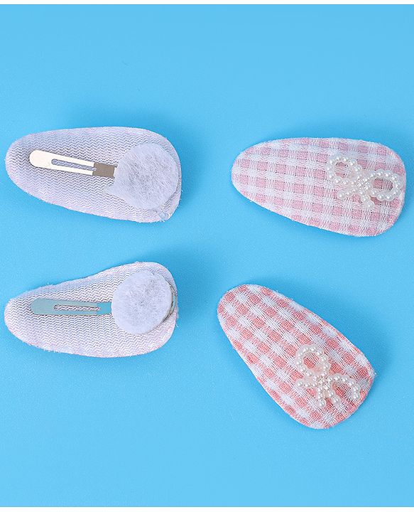 Babyhug Free Size Snap Clips With Checkered Patten and Bow Applique - PInk & White