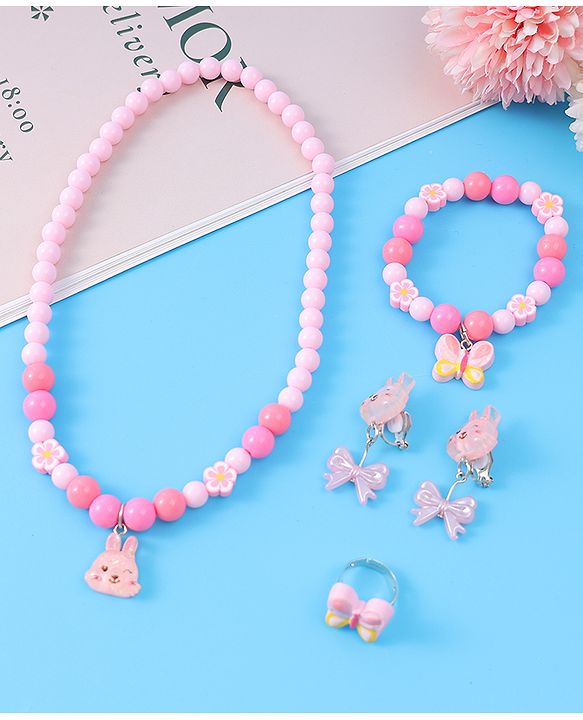 Babyhug Free Size Jewellery Set with Bunny & Bow Applique - Pink