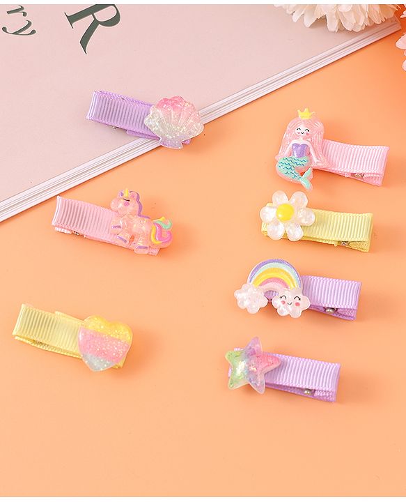Babyhug Hair Pins & Clips Free Size Pack of 7 -  Pink Purple & Yellow