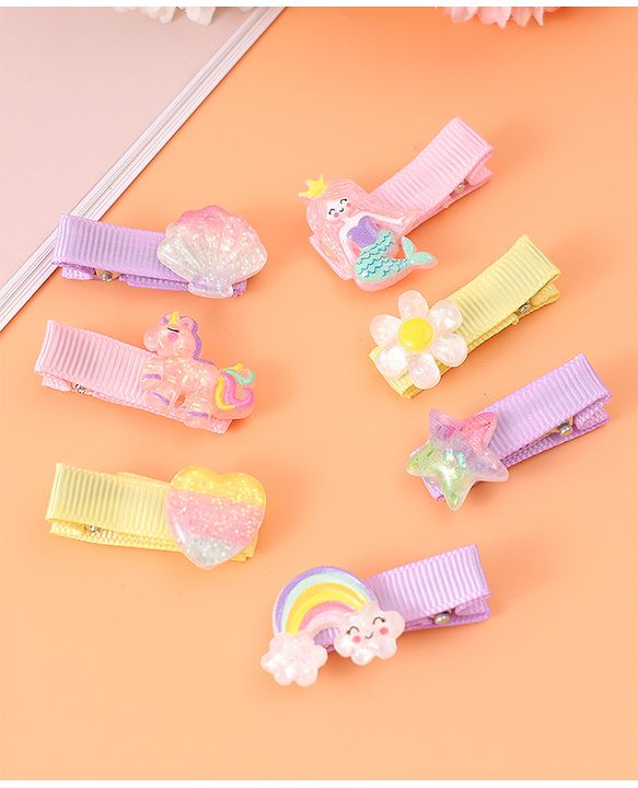 Babyhug Hair Pins & Clips Free Size Pack of 7 -  Pink Purple & Yellow
