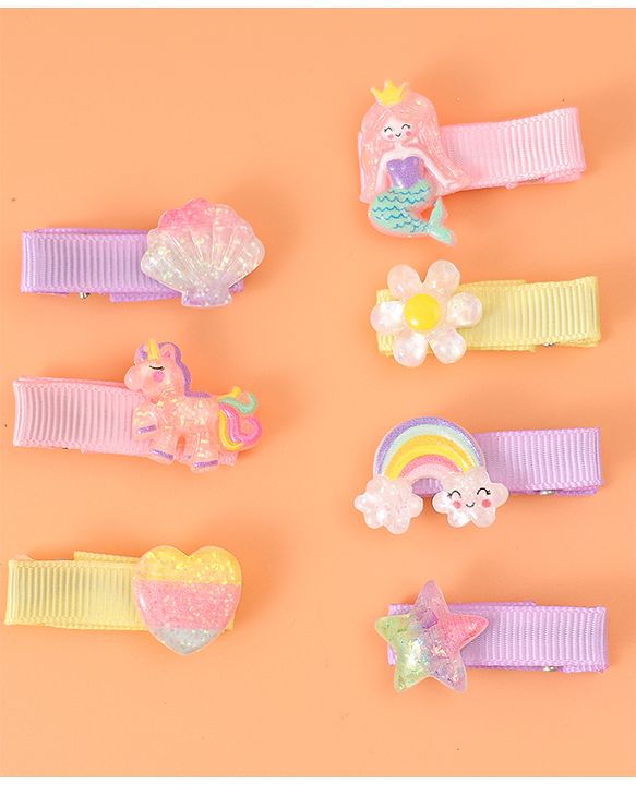 Babyhug Hair Pins & Clips Free Size Pack of 7 -  Pink Purple & Yellow