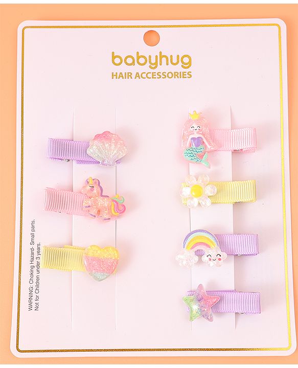 Babyhug Hair Pins & Clips Free Size Pack of 7 -  Pink Purple & Yellow