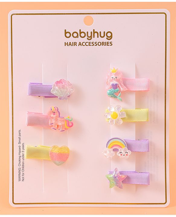 Babyhug Hair Pins & Clips Free Size Pack of 7 -  Pink Purple & Yellow