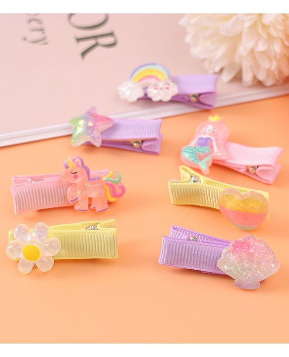Babyhug Hair Pins & Clips Free Size Pack of 7 -  Pink Purple & Yellow
