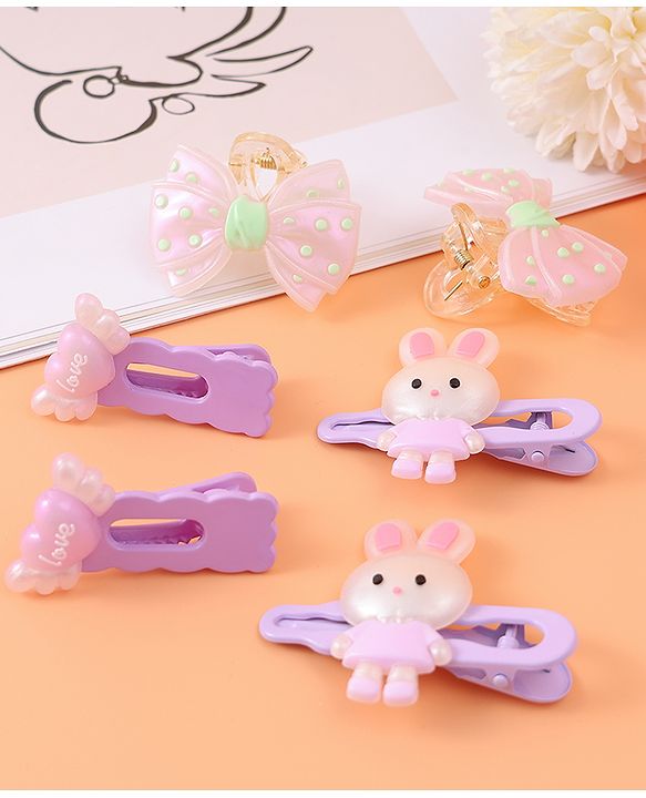 Babyhug Hair Pins And Clips with Bow Applique Pack of 6 - Purple