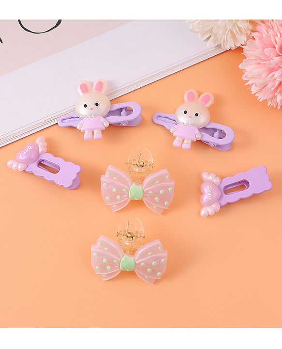 Babyhug Hair Pins And Clips with Bow Applique Pack of 6 - Purple