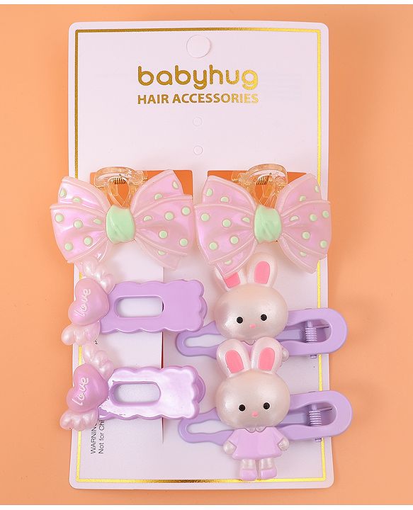 Babyhug Hair Pins And Clips with Bow Applique Pack of 6 - Purple