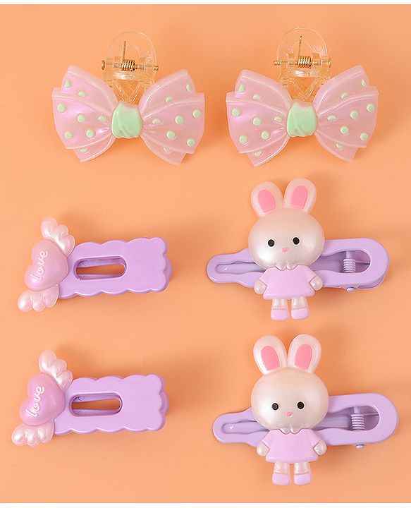Babyhug Hair Pins And Clips with Bow Applique Pack of 6 - Purple