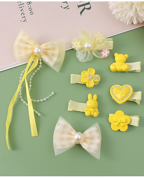 Babyhug Hair Pins And Clips with Bow Applique Pack of 8 - Yellow