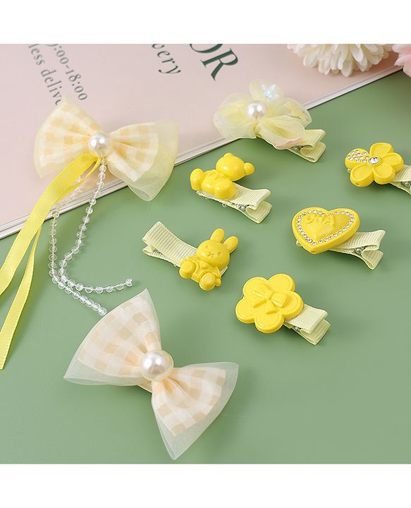 Babyhug Hair Pins And Clips with Bow Applique Pack of 8 - Yellow