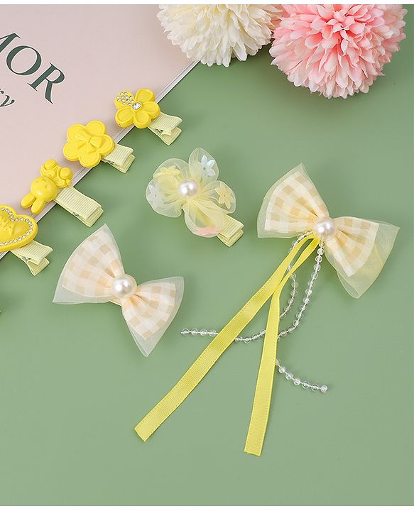 Babyhug Hair Pins And Clips with Bow Applique Pack of 8 - Yellow