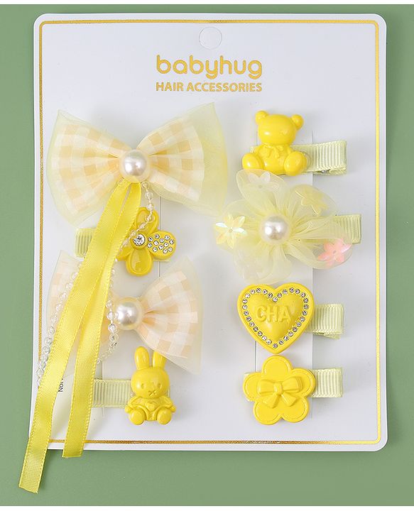 Babyhug Hair Pins And Clips with Bow Applique Pack of 8 - Yellow