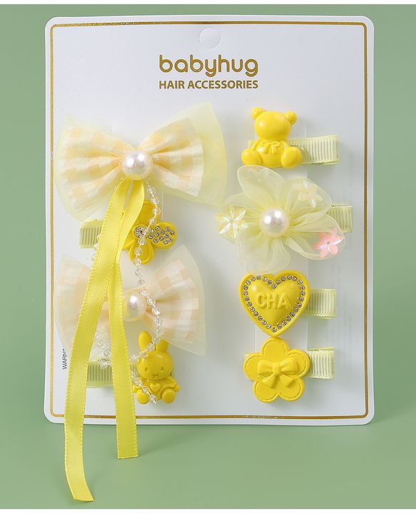 Babyhug Hair Pins And Clips with Bow Applique Pack of 8 - Yellow