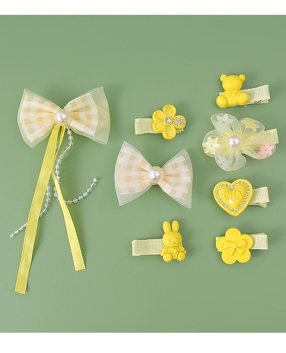 Babyhug Hair Pins And Clips with Bow Applique Pack of 8 - Yellow