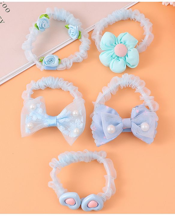 Babyhug Rubber Bands & Scrunchies  with Bow Applique Pack of 5  - Blue
