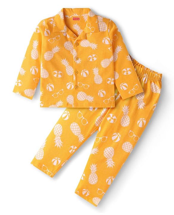 Babyhug Cotton Knit Full Sleeves Front Open Night Suit with Pineapple Print - Yellow