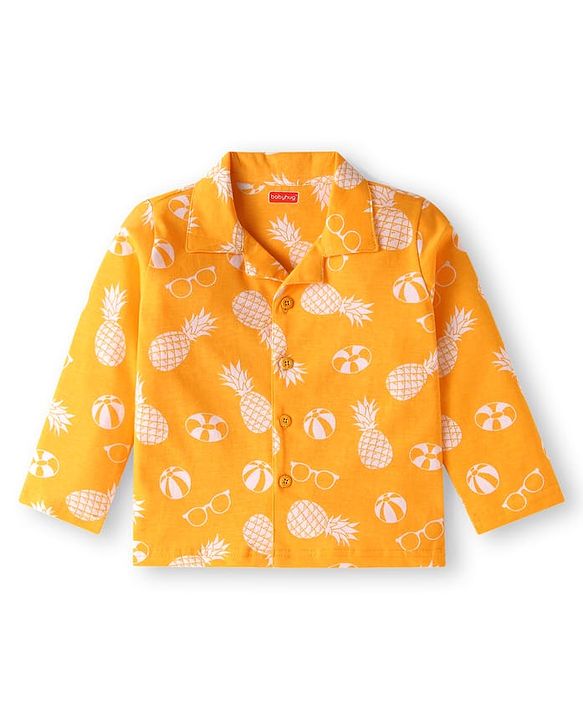Babyhug Cotton Knit Full Sleeves Front Open Night Suit with Pineapple Print - Yellow
