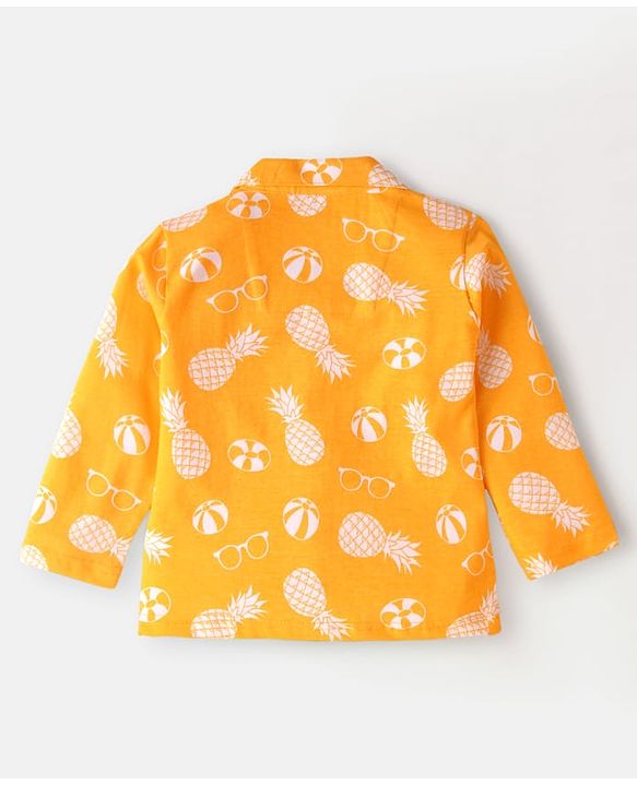 Babyhug Cotton Knit Full Sleeves Front Open Night Suit with Pineapple Print - Yellow