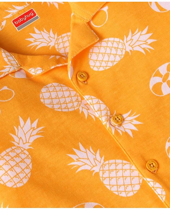 Babyhug Cotton Knit Full Sleeves Front Open Night Suit with Pineapple Print - Yellow