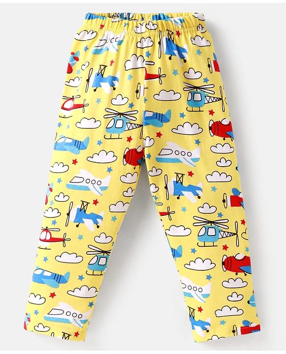 Babyhug Cotton Knit Full Sleeves Front Open Night Suit with Airplane Print - Yellow