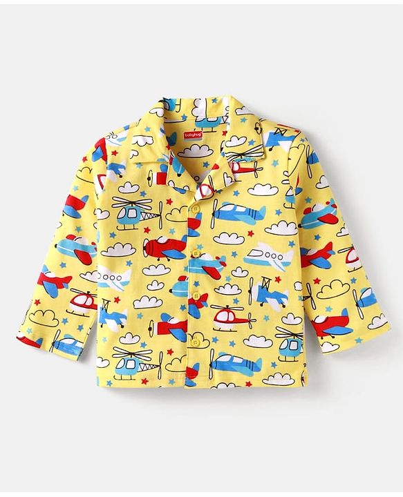Babyhug Cotton Knit Full Sleeves Front Open Night Suit with Airplane Print - Yellow
