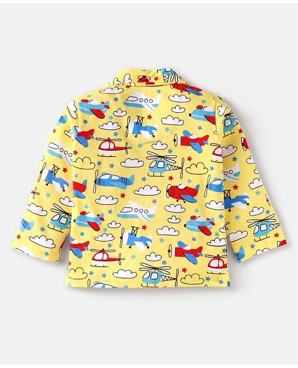 Babyhug Cotton Knit Full Sleeves Front Open Night Suit with Airplane Print - Yellow