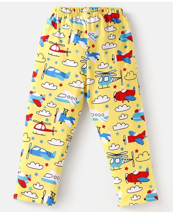 Babyhug Cotton Knit Full Sleeves Front Open Night Suit with Airplane Print - Yellow