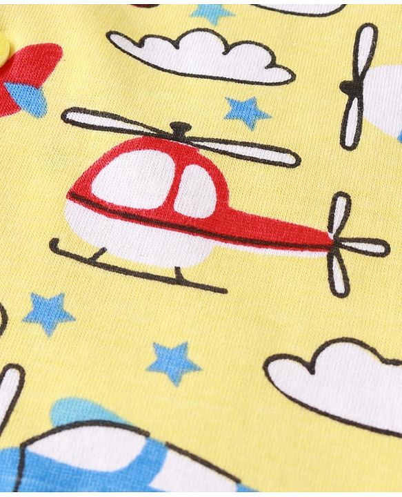 Babyhug Cotton Knit Full Sleeves Front Open Night Suit with Airplane Print - Yellow