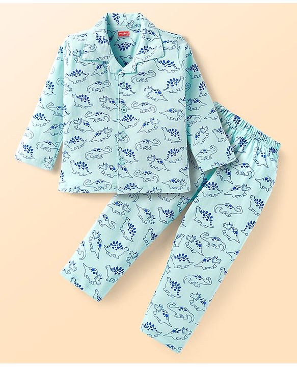 Babyhug Cotton Knit Full Sleeves Night Suit with Dino Print - Light Blue
