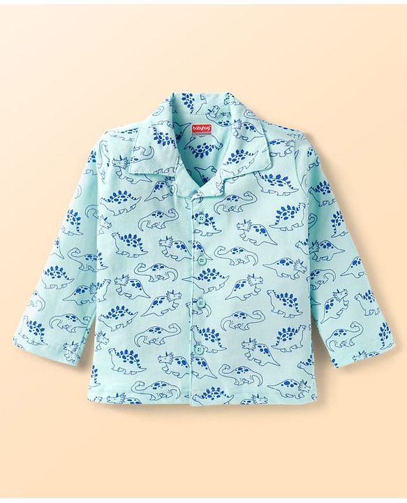 Babyhug Cotton Knit Full Sleeves Night Suit with Dino Print - Light Blue