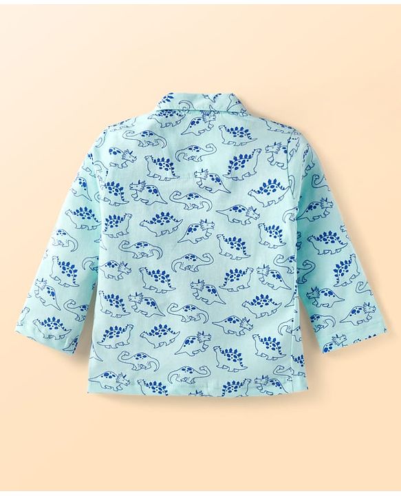 Babyhug Cotton Knit Full Sleeves Night Suit with Dino Print - Light Blue