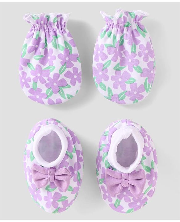 Babyhug 100% Cotton Knit Mittens & Booties with Floral Print - Purple