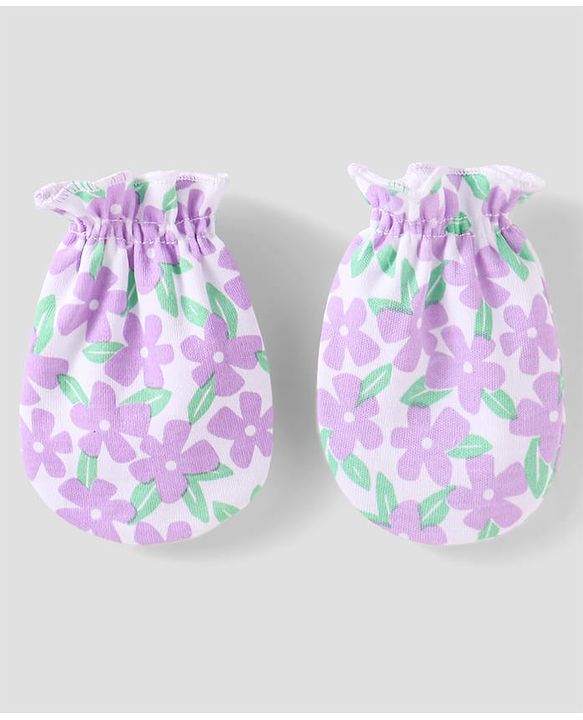 Babyhug 100% Cotton Knit Mittens & Booties with Floral Print - Purple