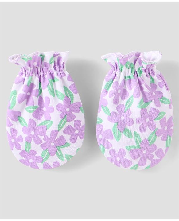 Babyhug 100% Cotton Knit Mittens & Booties with Floral Print - Purple