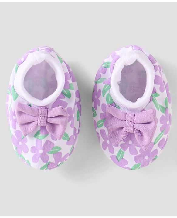 Babyhug 100% Cotton Knit Mittens & Booties with Floral Print - Purple