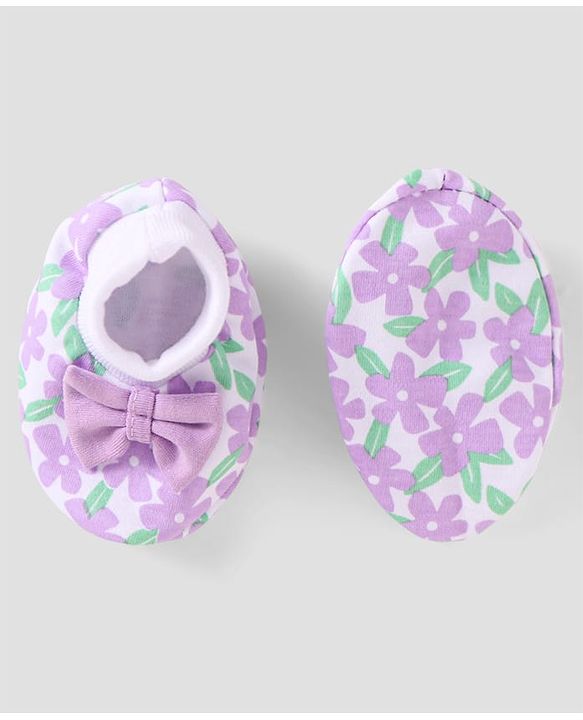 Babyhug 100% Cotton Knit Mittens & Booties with Floral Print - Purple