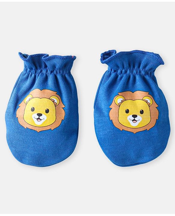 Babyhug 100% Cotton Knit Mittens with Animal Prints Pack of 3 - Blue & Red
