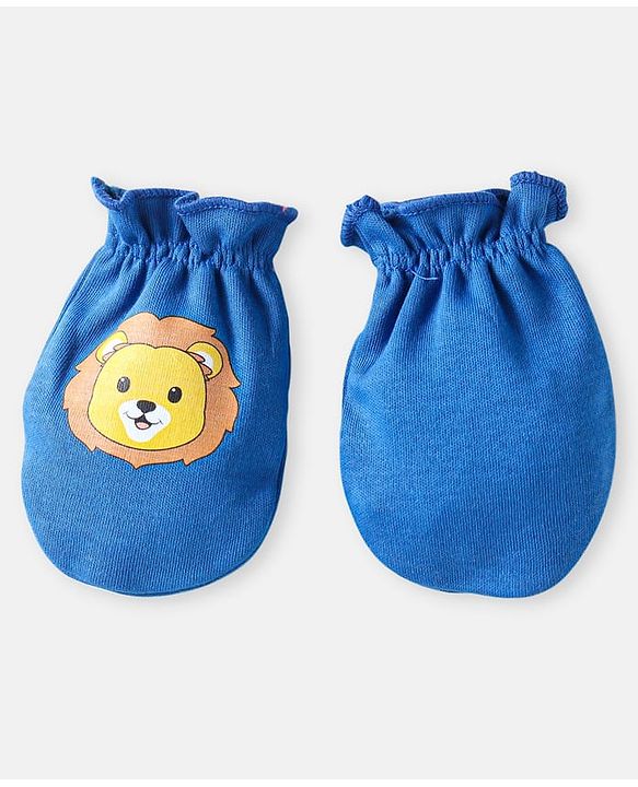 Babyhug 100% Cotton Knit Mittens with Animal Prints Pack of 3 - Blue & Red