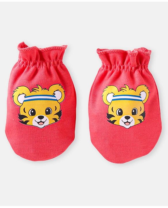 Babyhug 100% Cotton Knit Mittens with Animal Prints Pack of 3 - Blue & Red