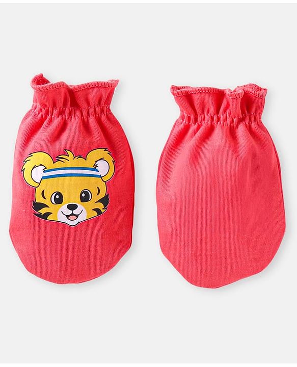 Babyhug 100% Cotton Knit Mittens with Animal Prints Pack of 3 - Blue & Red