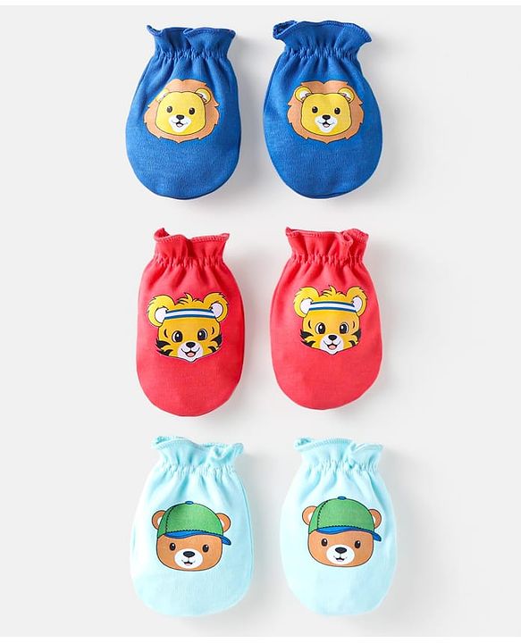Babyhug 100% Cotton Knit Mittens with Animal Prints Pack of 3 - Blue & Red