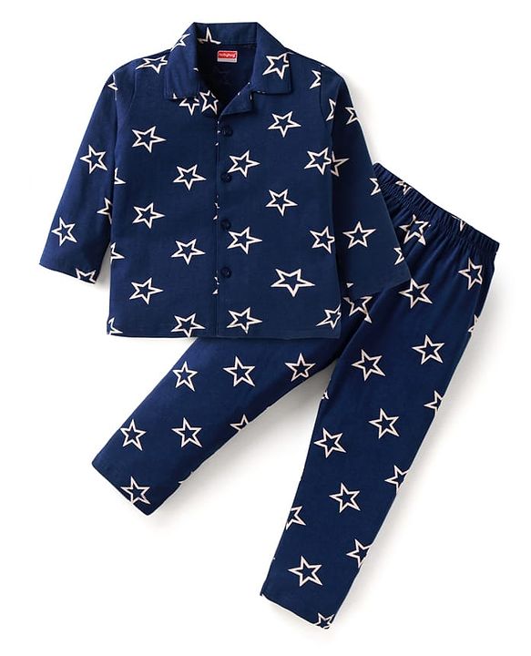 Babyhug Cotton Knit Full Sleeves Star Printed Night Suit - Navy Blue
