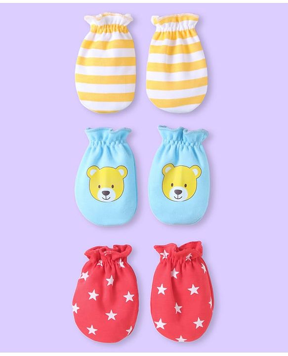 Babyhug Cotton  Knit Mittens With Stripes Bear & Star Print Pack of 3 -Yellow Light Blue & Red
